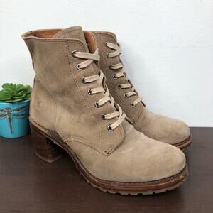 Frye Sabrina 6G  Suede Leather Lace Up Bootie In Beige Women's Size 6M